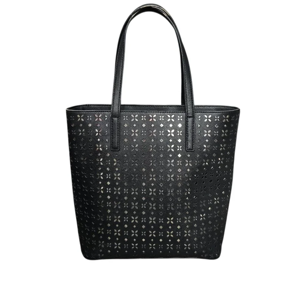 Michael Kors Hayley Tote Laser-cut Leather Medium Black And Silver Handbag COA - Picture 8 of 15